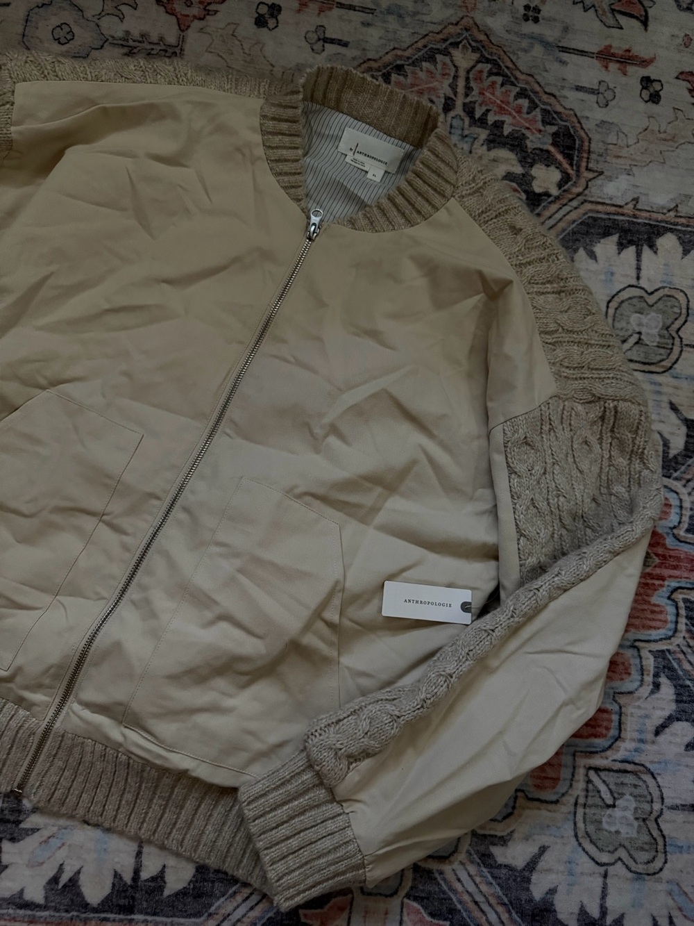Anthropologie Beige Cable Knit Bomber Jacket